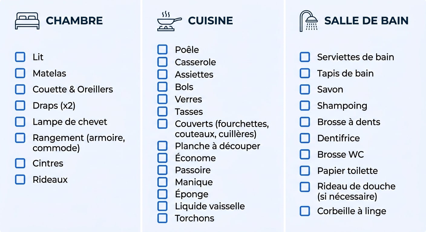 Schéma des équipements indispensables par pièce pour un premier appartement étudiant.