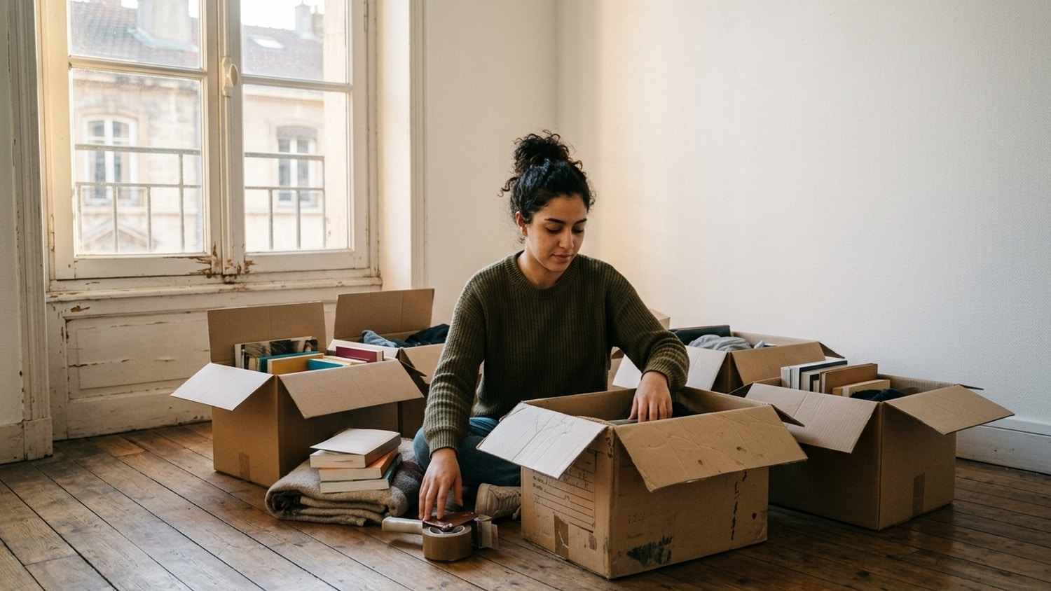 Étudiante assise au milieu de cartons de déménagement dans son premier appartement vide