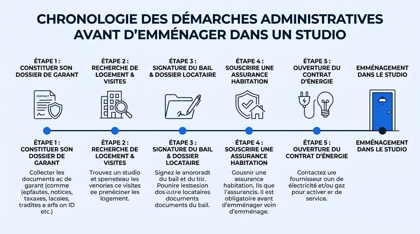 Frise chronologique des démarches administratives avant d'emménager dans son premier studio