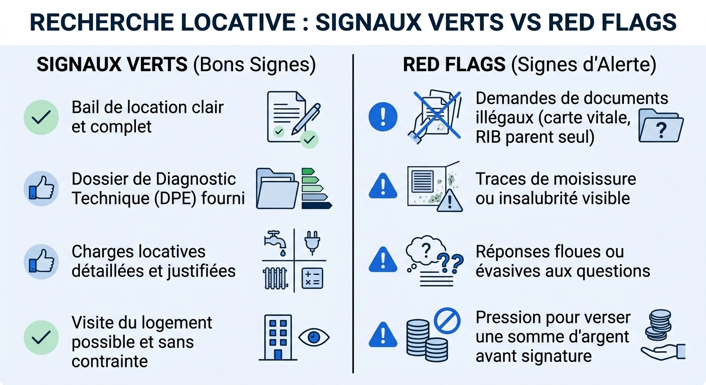 Diagramme comparant les bons signaux et les signaux d'alerte (red flags) lors de la recherche d'un logement.