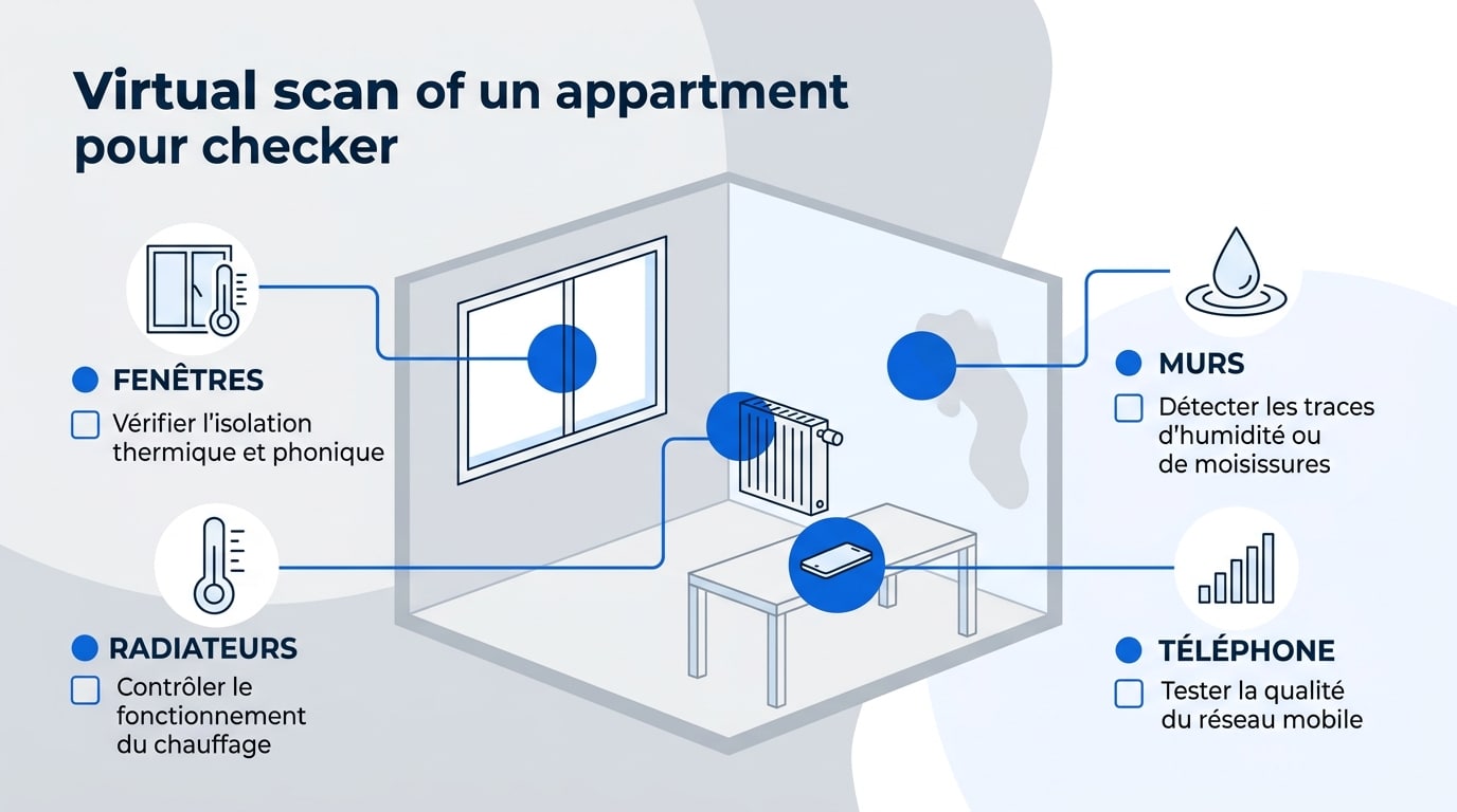 Infographie des éléments techniques essentiels à vérifier pendant la visite d'un appartement étudiant.